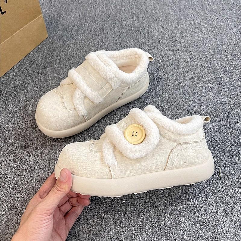 Milchweiße Samt-Klett-Flauschschuhe Damen Herbst und Winter neue Samt warme Einzelschuhe Nische hässlich süß Baumwollschuhe