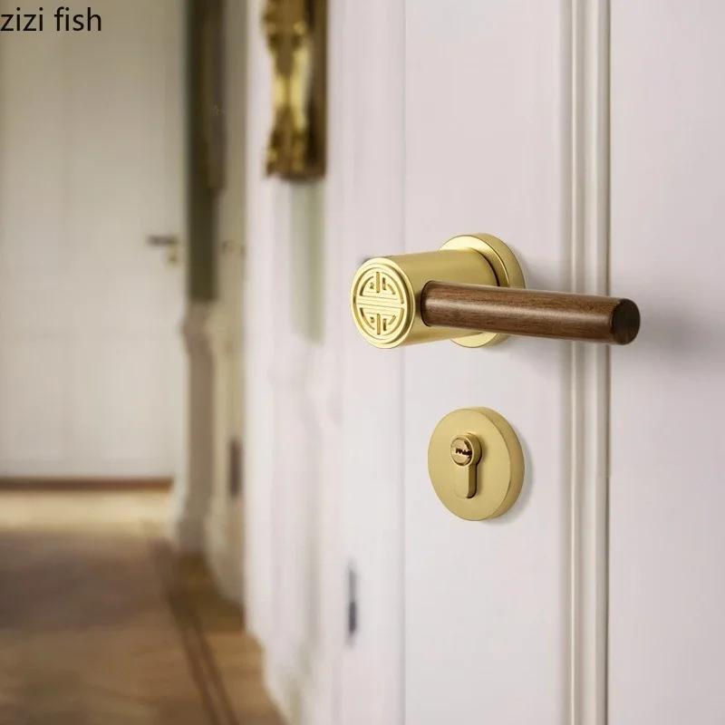 Metal Safety Door Lock Walnut Wood Handle Retro Bedroom Silent Locks Universal Split Locks Indoor Magnetic Lock Door Hardware