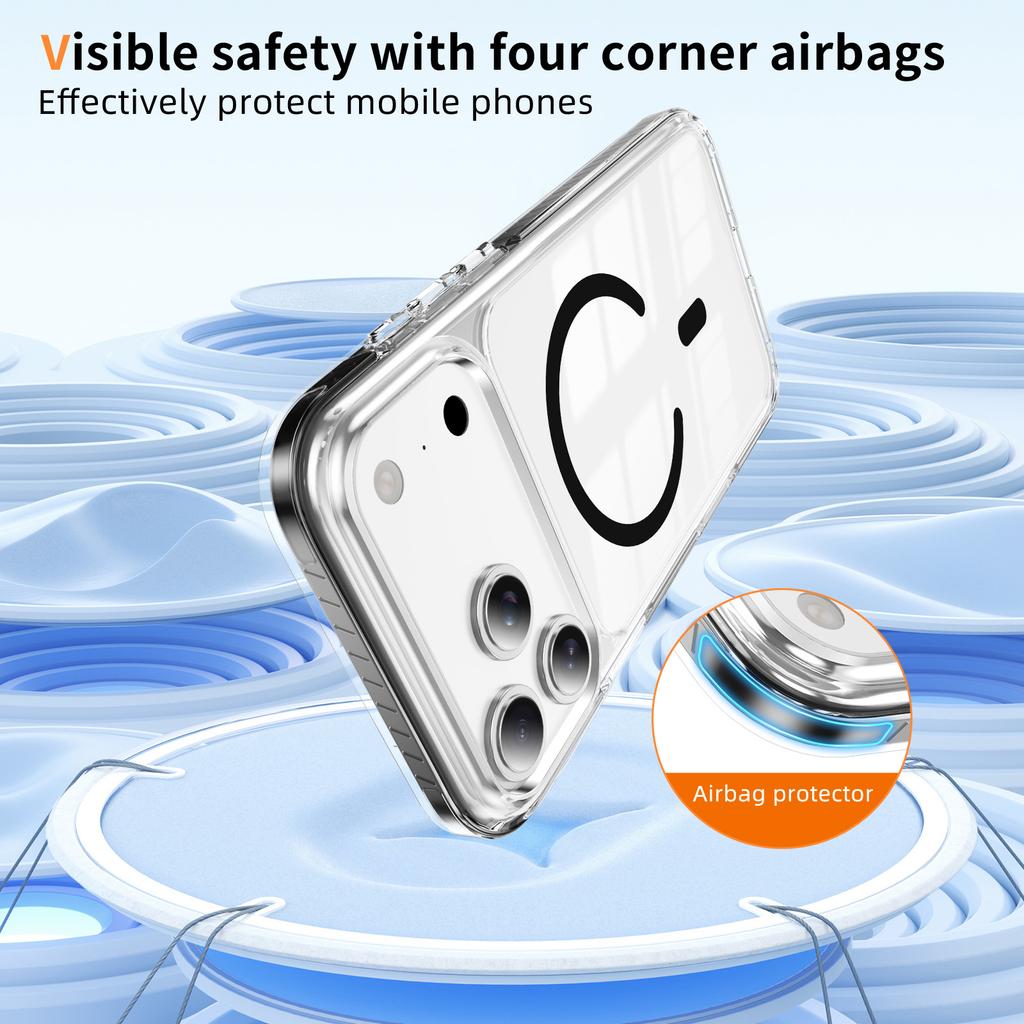 Crystal Clear Magnetic Case With Airbag Shockproof 3D Color Strip For iPhone 12 13 14 15 16 17 Pro Max Wireless Charging
