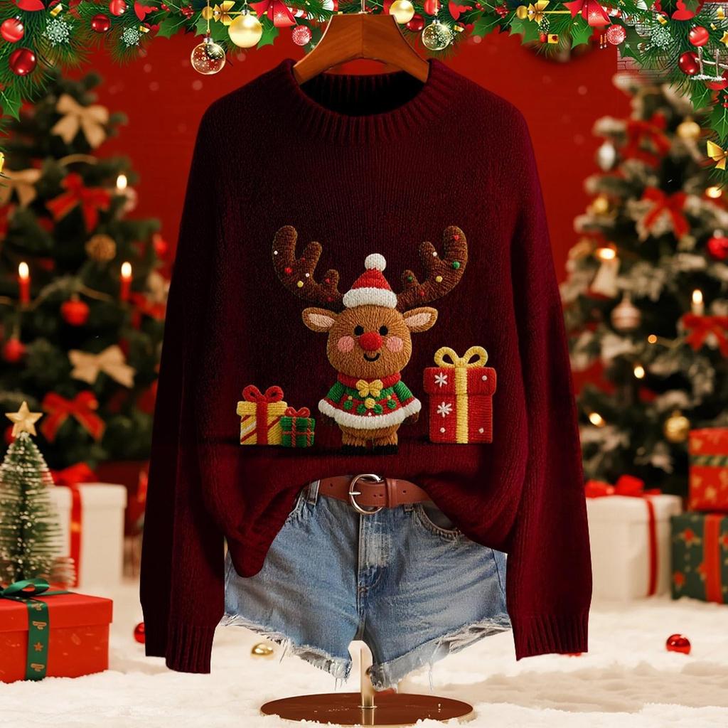 Women's Fashion Christmas Print Pullover Long-Sleeve  Neck Knit Sweater Top