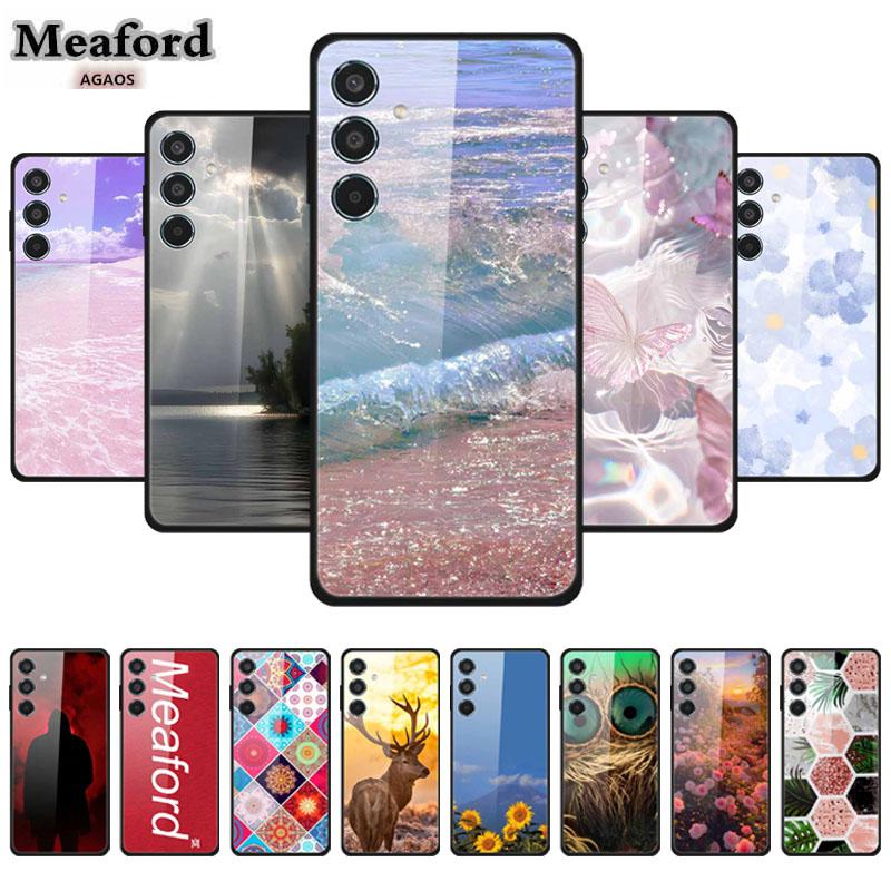 Glass Cellphone Case For Samsung Galaxy M35 Hard Plastic Back Cover For Samsung M 35 Flowers Painted Cases Fundas Shell Shield
