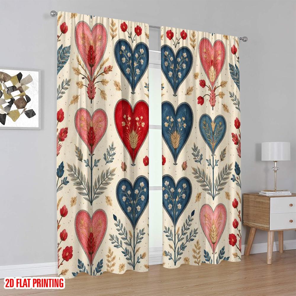 2D Flat Printing 2pcs Curtain Window Curtains Valentine's Heart Flowers Digital Printed Polyester Drapes Party Decorations
