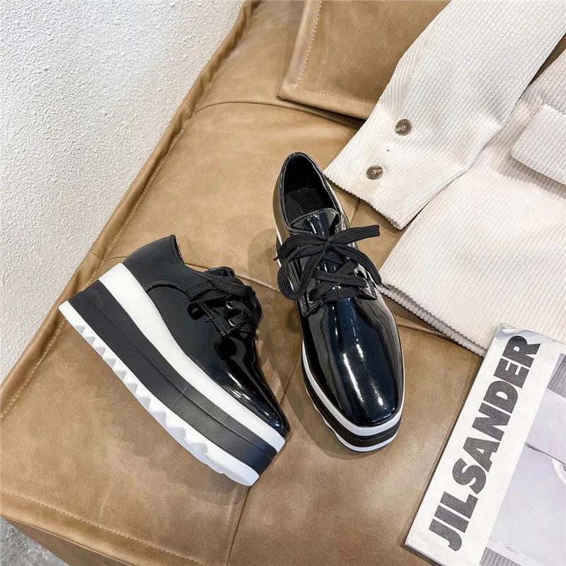 Women's 41-Size British-Style Patent Leather Lace-Up Loafers - Wedge-Heeled Platform, Thick-Soled