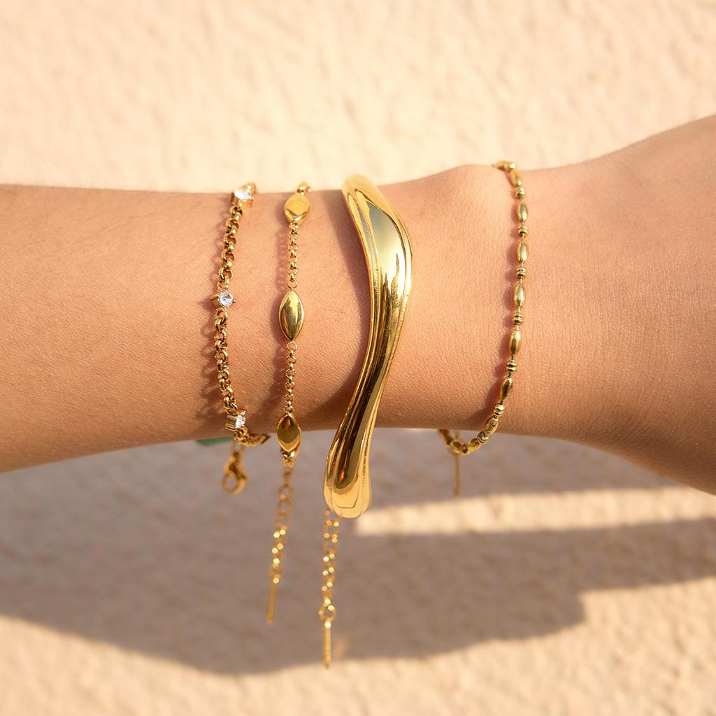 Stainless Steel Bracelets Set Gold Plated with Irregular Metal Cuff Delicate Chains Minimalist Layering Jewelry for Women