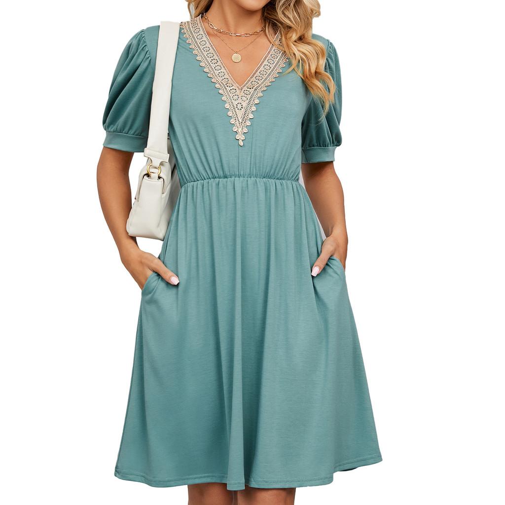 Städtisches Stilkleid mit Taschen und V-Ausschnitt für den Frühling, Freizeitkleidung