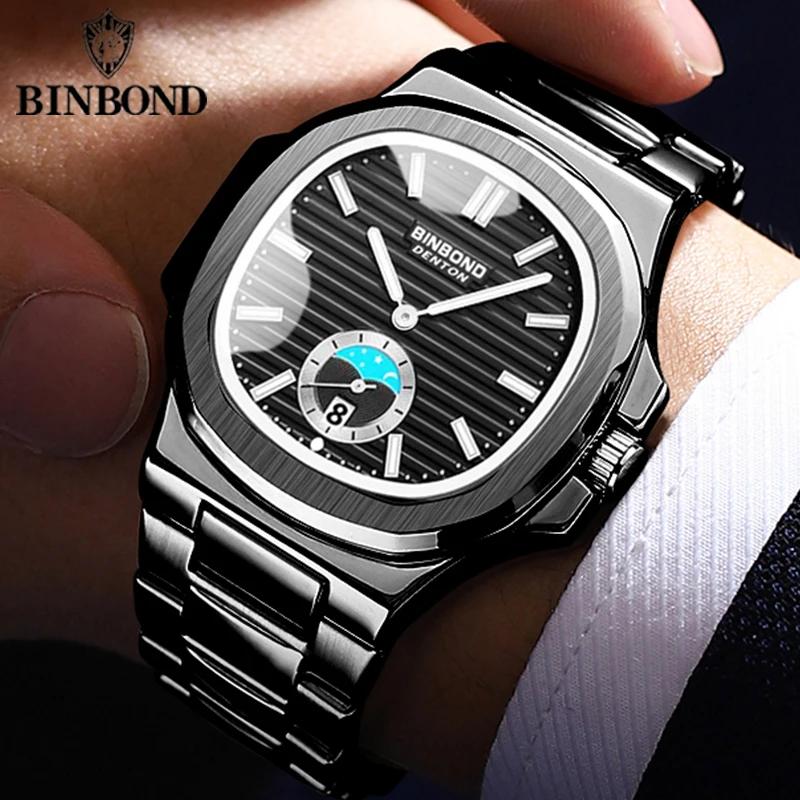 BINBOND Herrenuhren Quarz Mode Klassiker Vielseitig Edelstahl 30M Wasserdicht Leuchtend Luxus Herrenuhren