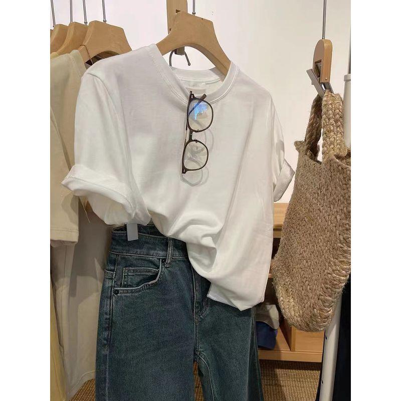 

Pure Cotton Sanding T-shirt Bottoming Shirt Women Spring, Summer, Autumn and Winter Idle Style Stacked Wear All-Matching Short sleeve Top Fashion White [Summer Cotton] XL
