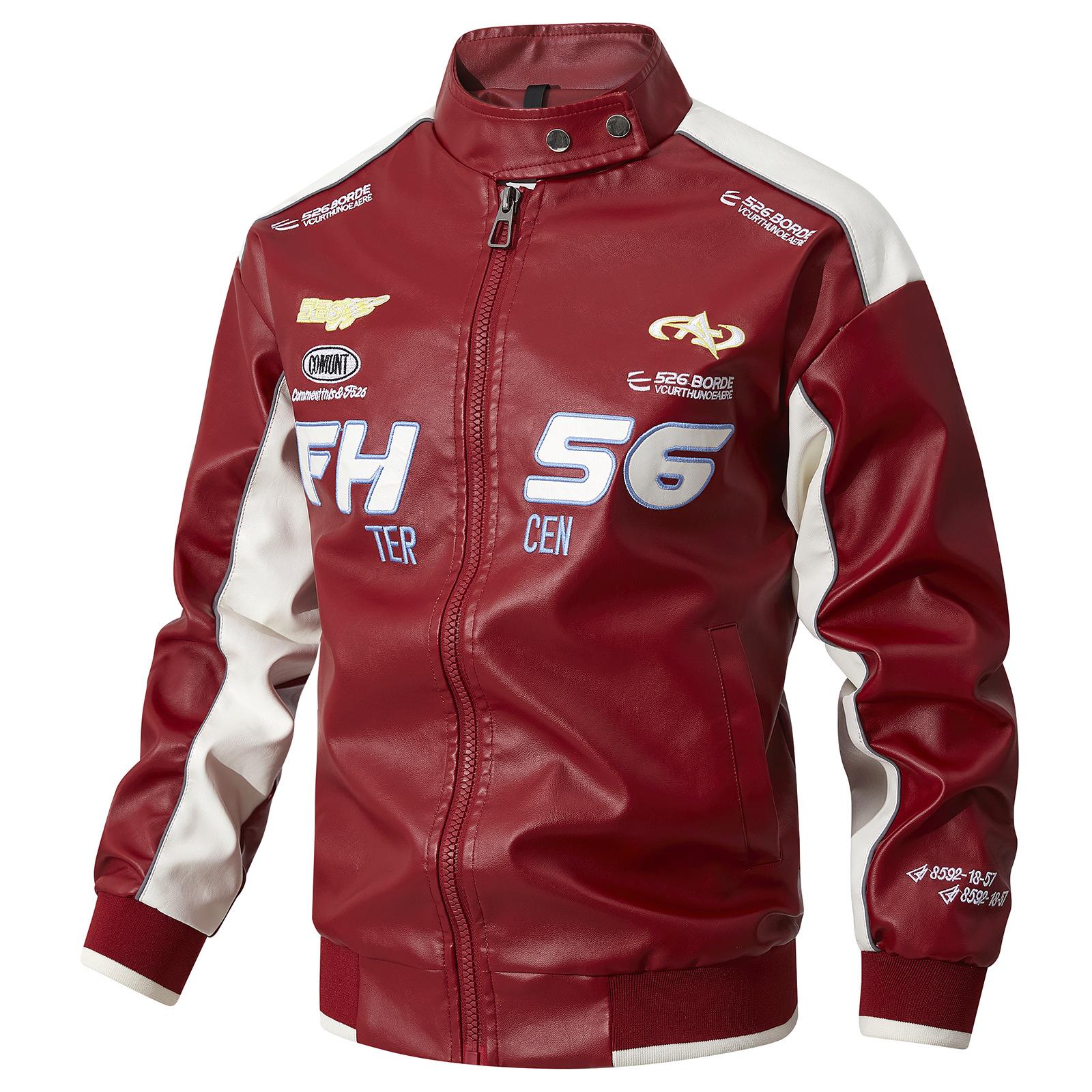 

Большой размер Вышитая Модная Куртка Стойка Воротник Повседневная Весенне-Осенняя Новинка На Молнии Приталенная Мужская Мотоциклетная Кожаная Куртка M красный