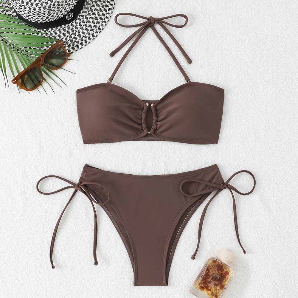 Sexy Bikini-Set mit Kordelzug an der Seite, High Waist, 2026, Damen, Blau Schwarz, Metall V-Bügel, Push-Up-BH, Badeanzug, Strandbadeanzug, Bademode