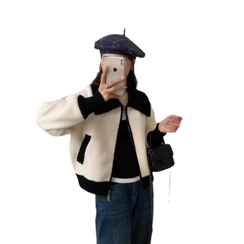 Spring new loose contrasting color lapel zipper knitted double-sided woolen cardigan casual versatile sweater jacket women