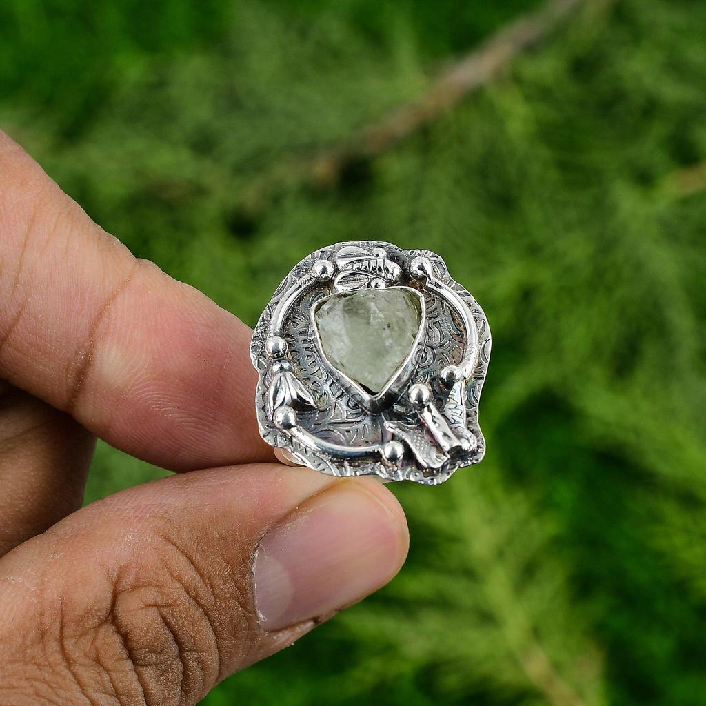Natural Prehnite Rough Gemstone Multi Stone Adjustable Ring 925 Silver For Women