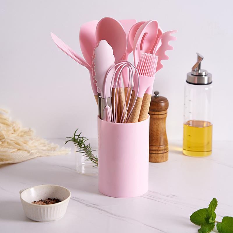 12-Piece Silicone Kitchen Utensil Set - Heat Resistant, Non-Slip Wooden Handles for Baking & Cooking