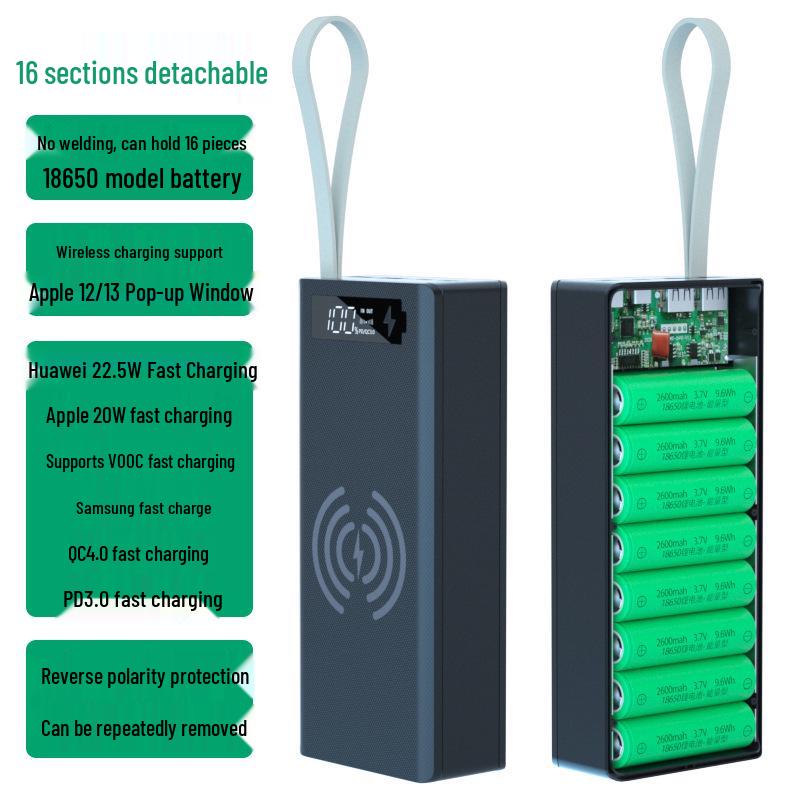16-Slot DIY Removable 18650 Battery Power Bank with Fast Wireless Charging