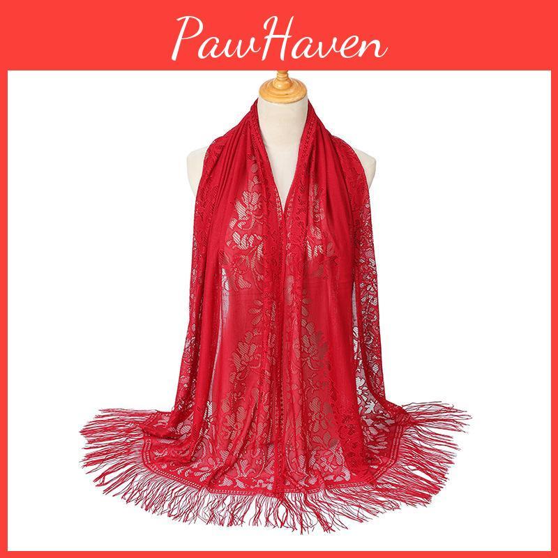 Tassel Hollow Hijab Lace Silk Scarf Solid Color Shawl For Women