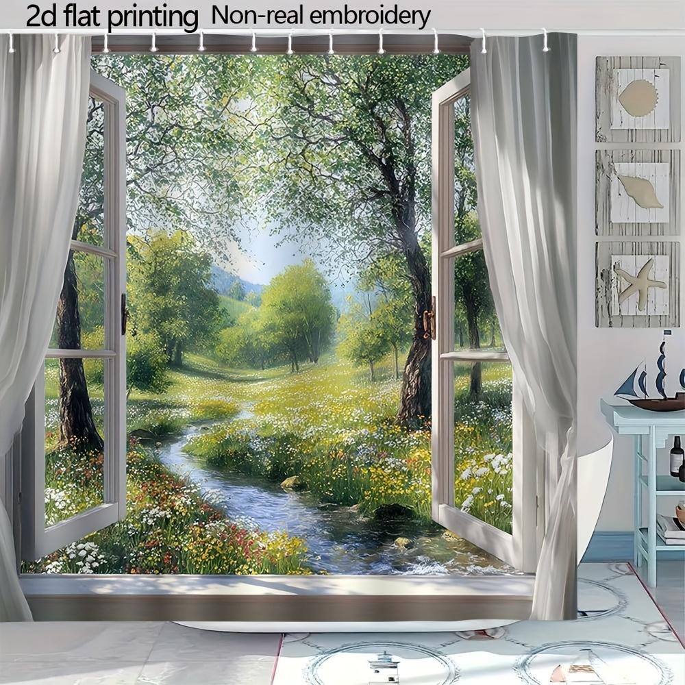 2D Flat Window Illusion Illustration Shower Curtain 1Pc With 12 Hooks For Bathroom Home Decor Polyester 70.8X70.8 Inch