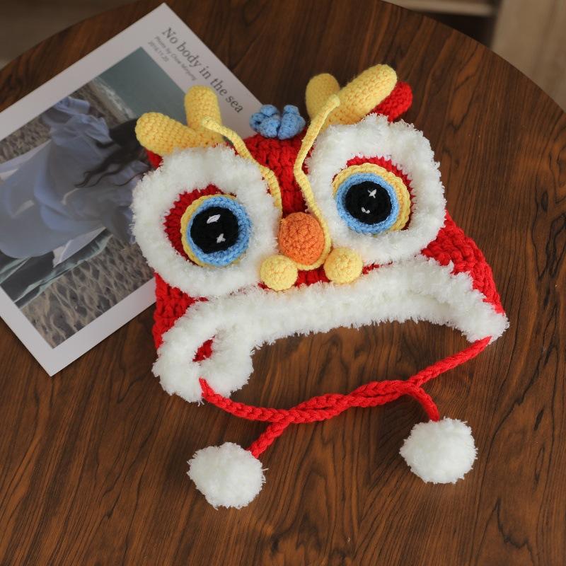 National Dragon Awakening Lion Hat Red Ear Protection Knitted Handmade Warm Festive Parent-Child Common Unisex 100% Image
