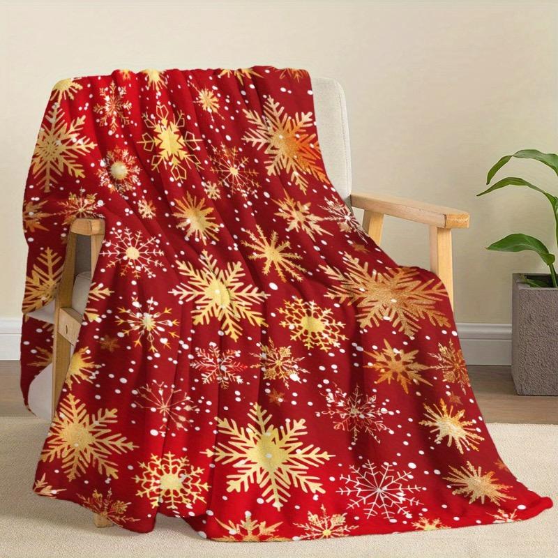 1pc Cozy Vintage Christmas Snowflake Blanket - Soft Flannel with Golden Snowflake Print Red Background with White Dots