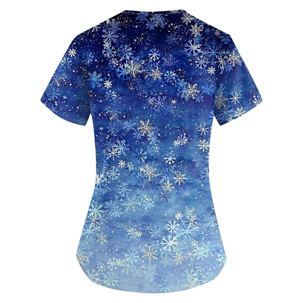 Plus Size trykt Scrub Arbeidsuniform Topper for kvinners V-hals Juletrykk Kortermet morsomme T-skjorter Arbeidstøy T-skjorte med lommer