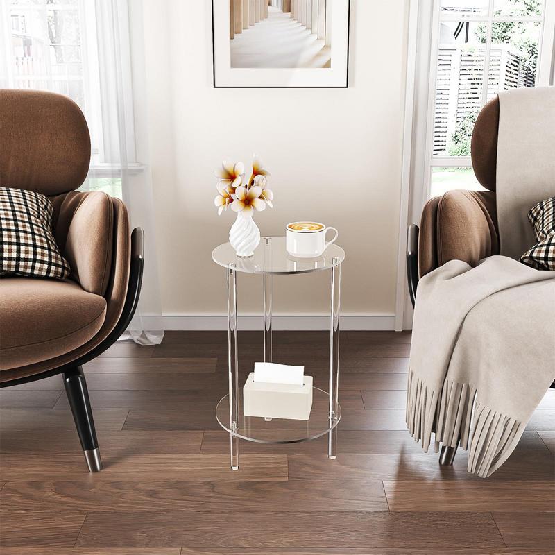 Modern Round End Drink Table Acrylic Tabletop Side Table Transparent Small Round End Table for Living Room Bedroom Decoration