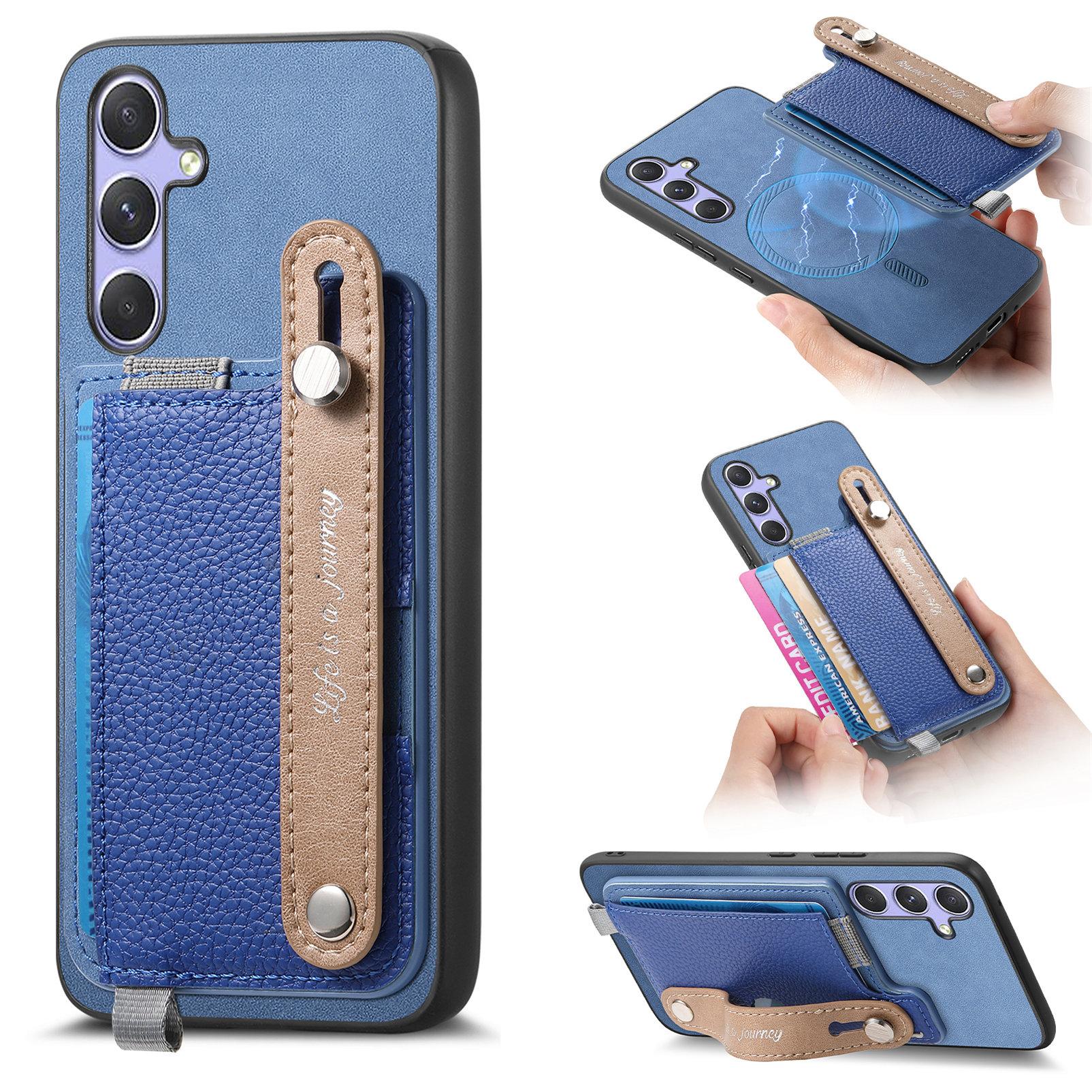 

For Samsung Galaxy A55 5G Magnetic Leather Back Case with Detachable Card Holder and Wristband Blue