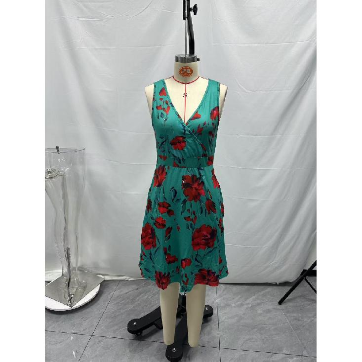 Women Elegant V-Neck Fashion Printed Pocket Sleeveless Dresses Summer Ladies Casual Short Dress Female Party Vestidos