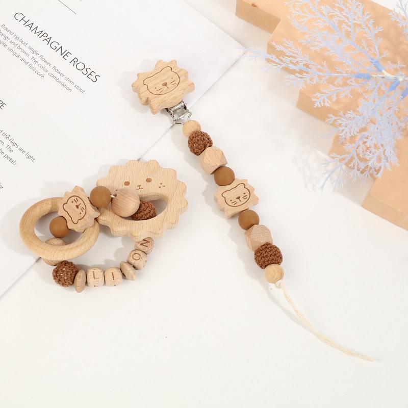 Factory Price Baby Gift Set Toy Lovely Lion Shape Pacifier Clip Chain Holder Colorful Cotton Wood Teether Toys Baby