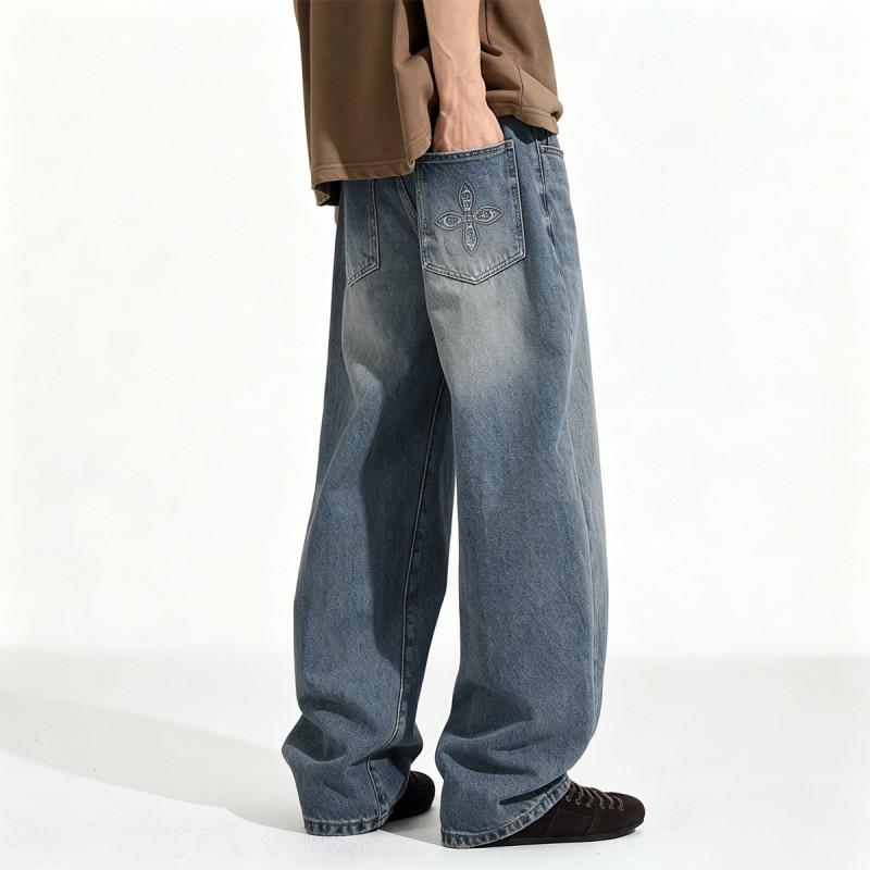 Mens Distressed Oversized Wide Leg Jeans Light Blue High Stretch Low Rise Streetwear Cargo Style