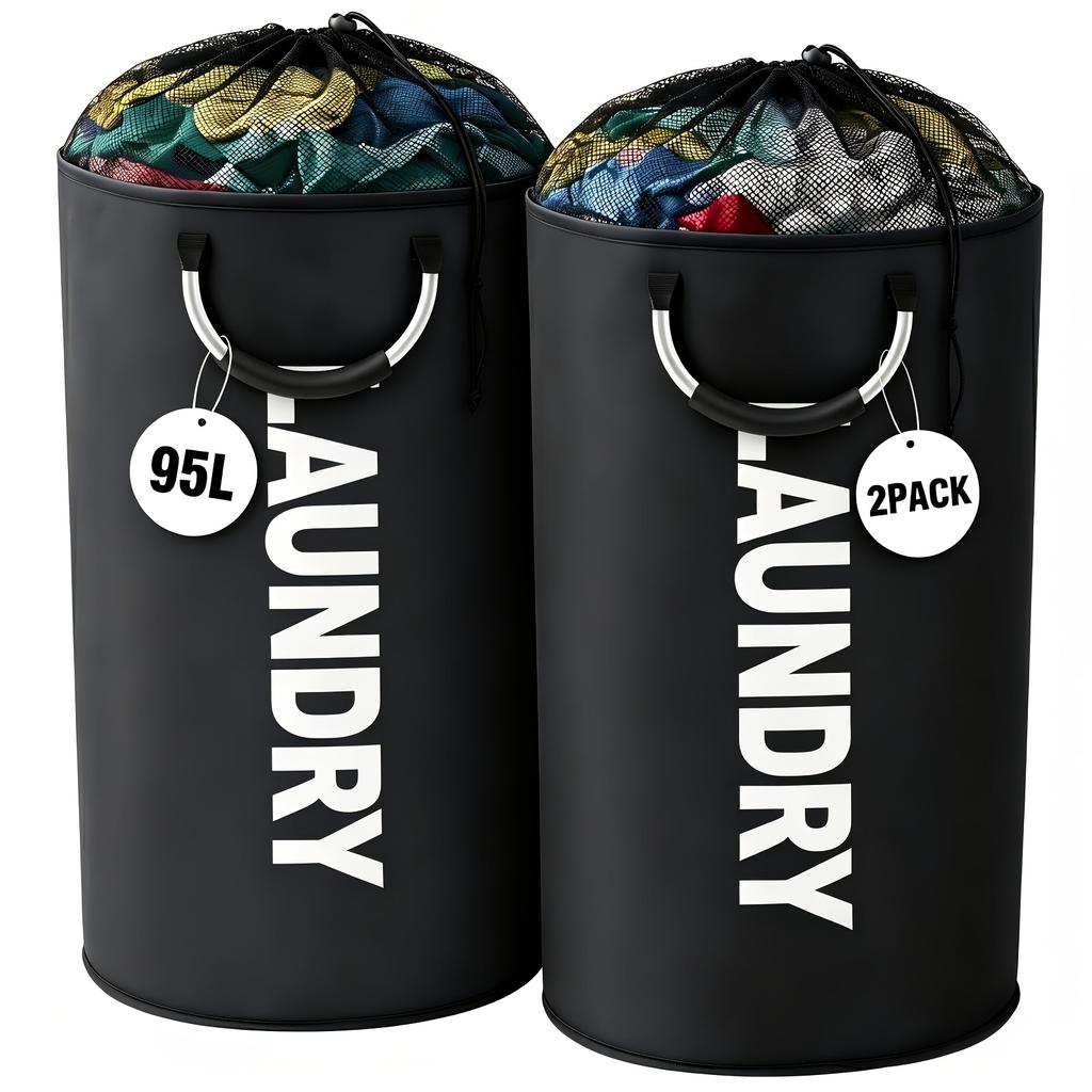 2-Pack Oxford Fabric Foldable Laundry Baskets, 25.1gal/30.38gal Clothes Storage Bins with Drawstring Closure and Ring Handles