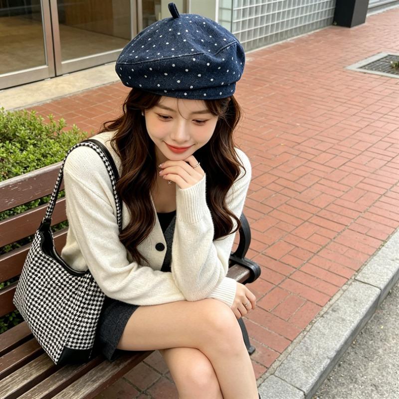 Women S Vintage Polka Dot Beret Hat Large Size Fashionable Painter Cap