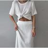 Women's Casual Suit Short Sleeved Hollowed Out Top Knitted Half Skirt Set Solid Color Versatile Summer Refreshing Wearing Temperament Elegant Dress