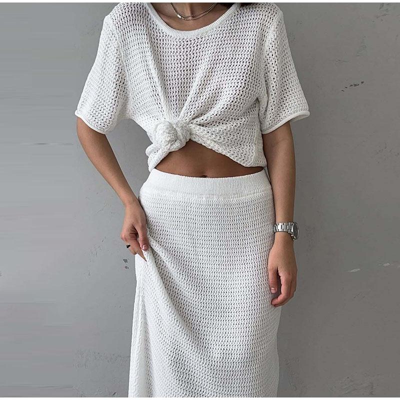 Women's Casual Suit Short Sleeved Hollowed Out Top Knitted Half Skirt Set Solid Color Versatile Summer Refreshing Wearing Temperament Elegant Dress