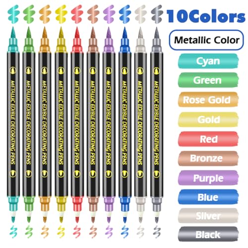 FUNSHOWCASE Food Coloring Pens, Metallic Pens, 10-Color Set, Double-Sided Line Drawing Pens, Food Coloring, Food Coloring Markers, Food Grade, for Swe