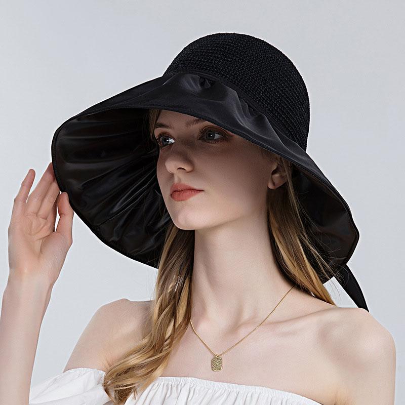 Fashion Straw Sun Hats For Women Bow Bucket Hat Summer UV Protection Beach Caps Female Outdoor Wide Brim Hiking Cap