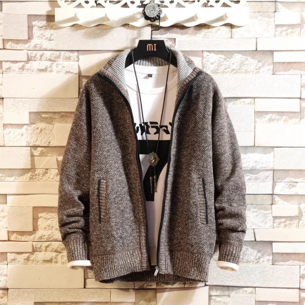 Maglione casual da uomo in pile spesso e invernale, di grandi dimensioni, con colletto alto, cardigan