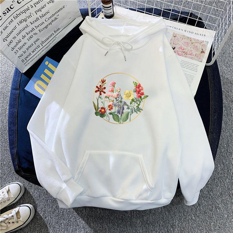 Autumn New Flower Print Sweatshirt for Women Oversize Loose Casual Velvet Hooded Hoodie Top for  Student