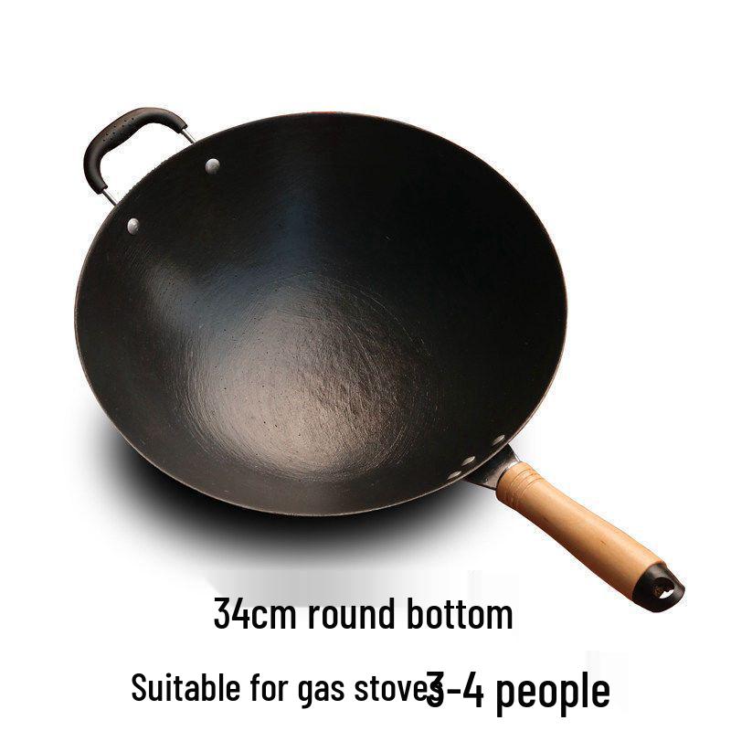 Vintage Uncoated Cast Iron Flat-Bottom Non-Stick Wok, Compatible with Induction & Gas Stoves, Ideal for Rural Household Stir-Fry.