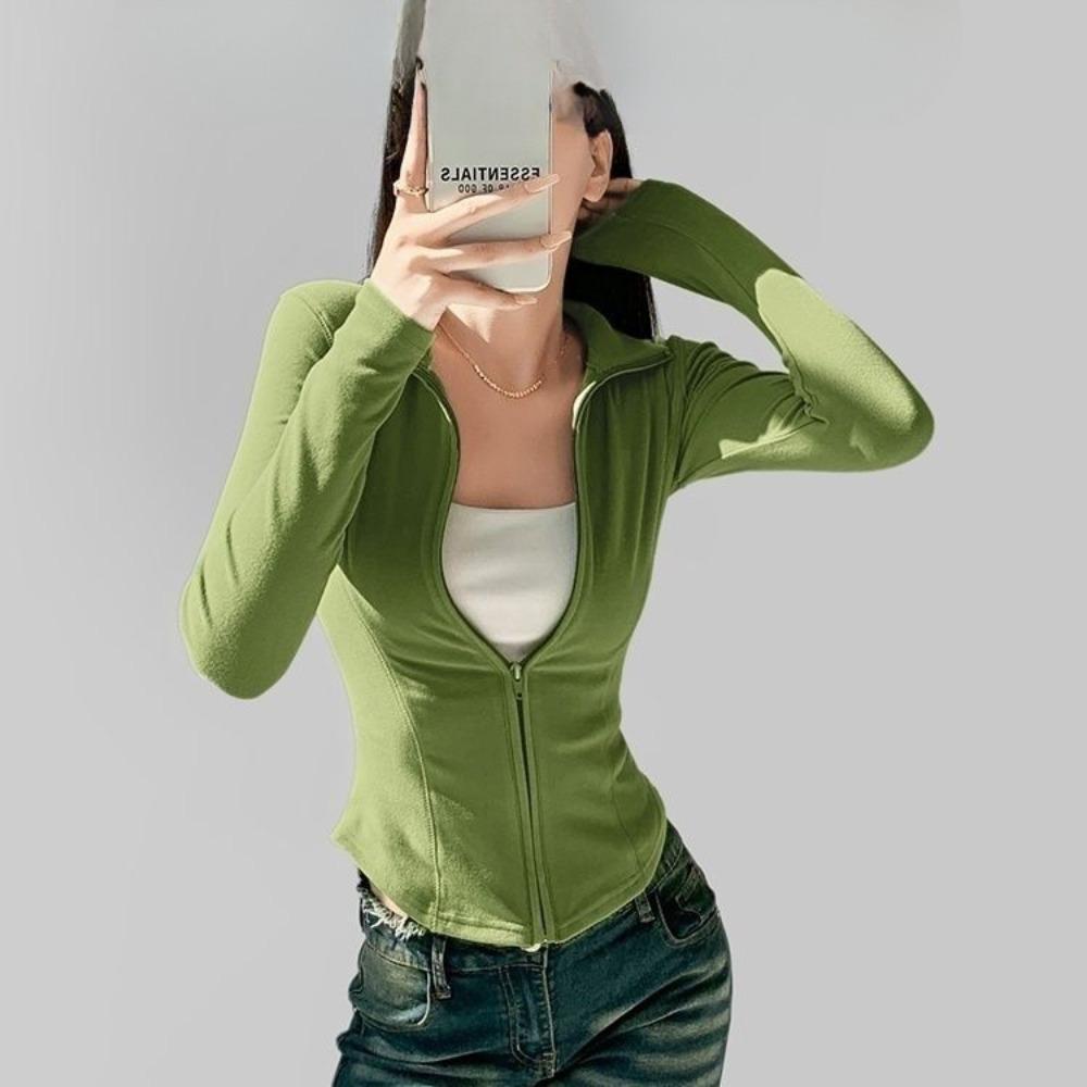 Dámské svrchní oblečení s dlouhým rukávem na zip, zkrácené cvičební tričko, slim fit, se zapínáním na zip po celé délce, atletické běžecké posilovací tričko pro ženy