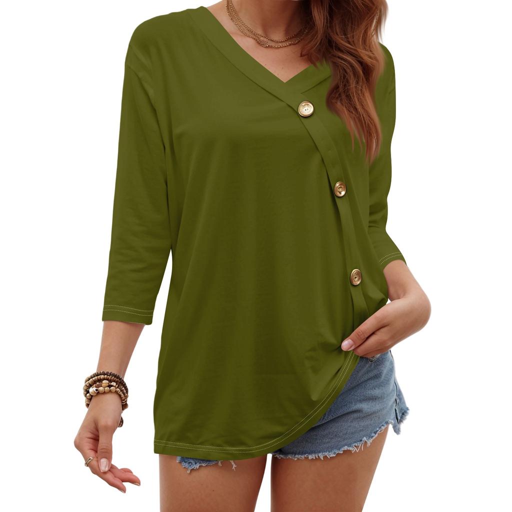 Women's Fashion Casual Three-quarter Sleeve Solid Color Button Round Neck Top