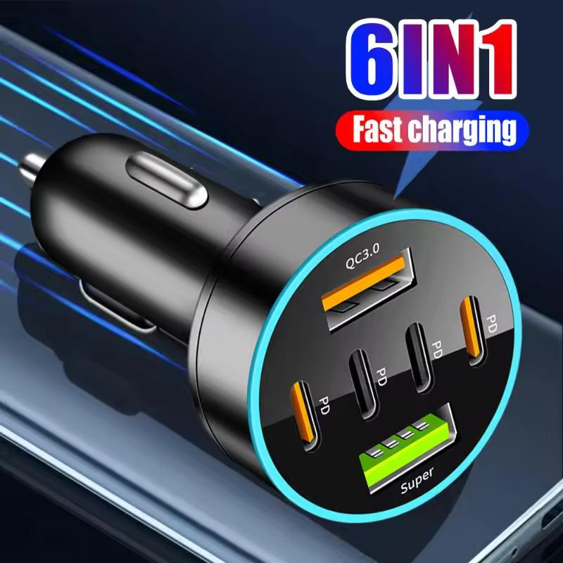 Mini 6in1 USB Car Charger Fast Charging PD QC1.1 USB Type C Auto Phone Charger Adapter in Car For iPhone Samsung Huawei Xiaomi