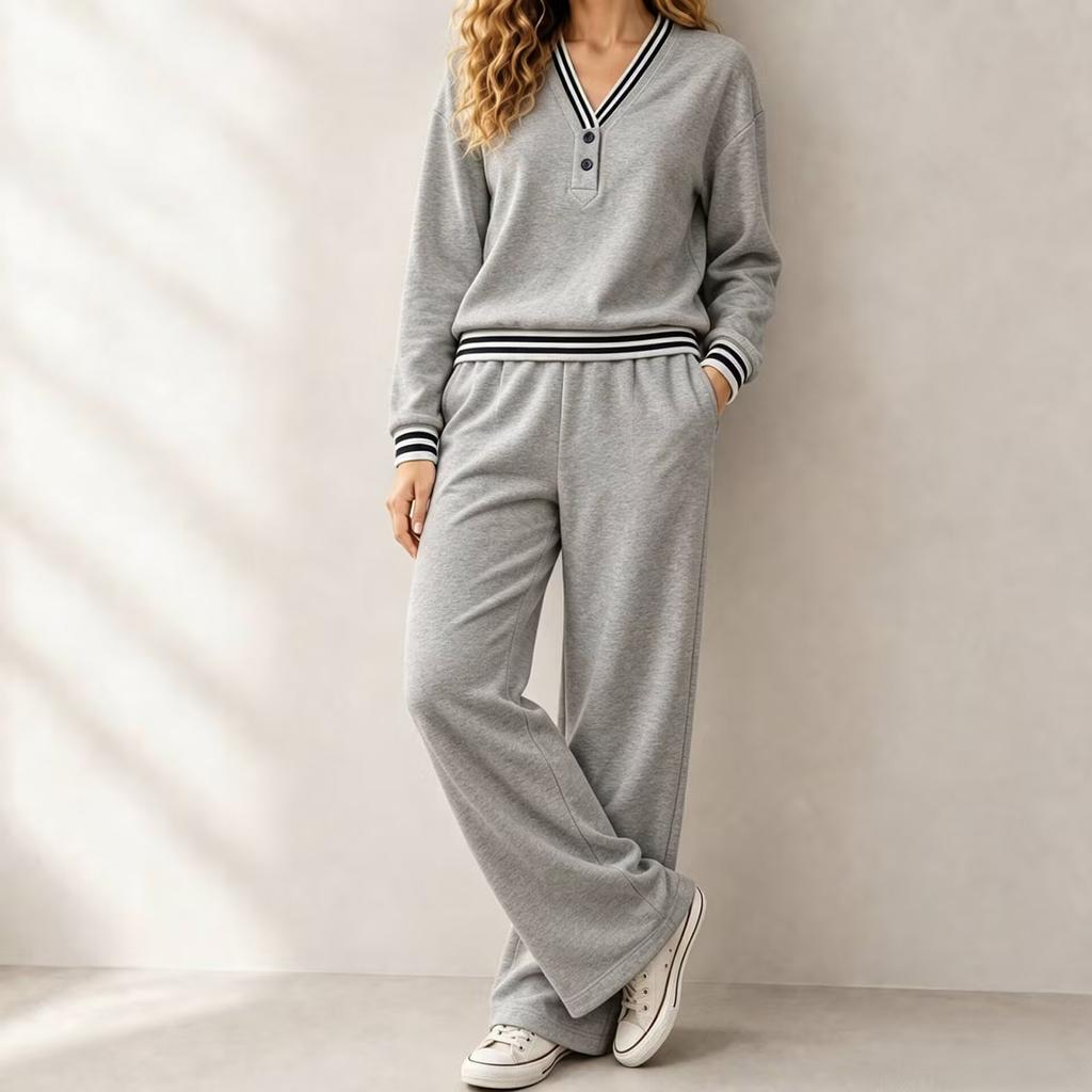 Women's Casual Loose Long Sleeve Top and Wide Leg Pants Two-Piece Set for Daily Wear