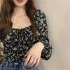 French Floral Square Collar Shirt Female Elegant Design Sense Niche Bubble Sleeve Slim Tops Vintage Pleated Spring Collarbone Blouse