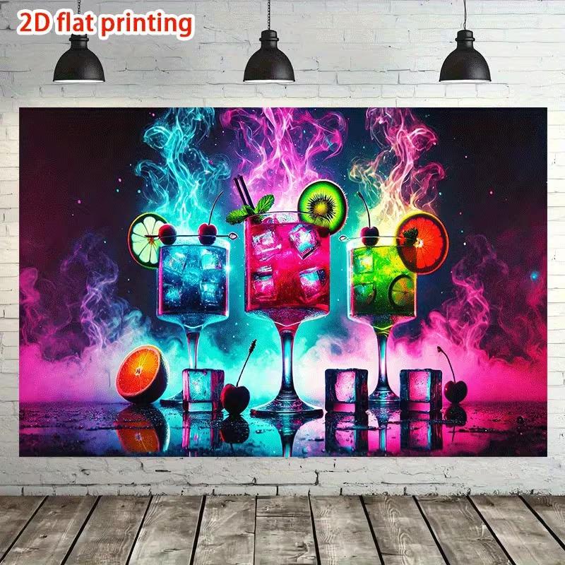 Colorful Tropical Cocktail Tapestry, Neon Palm Tree Sunset Background