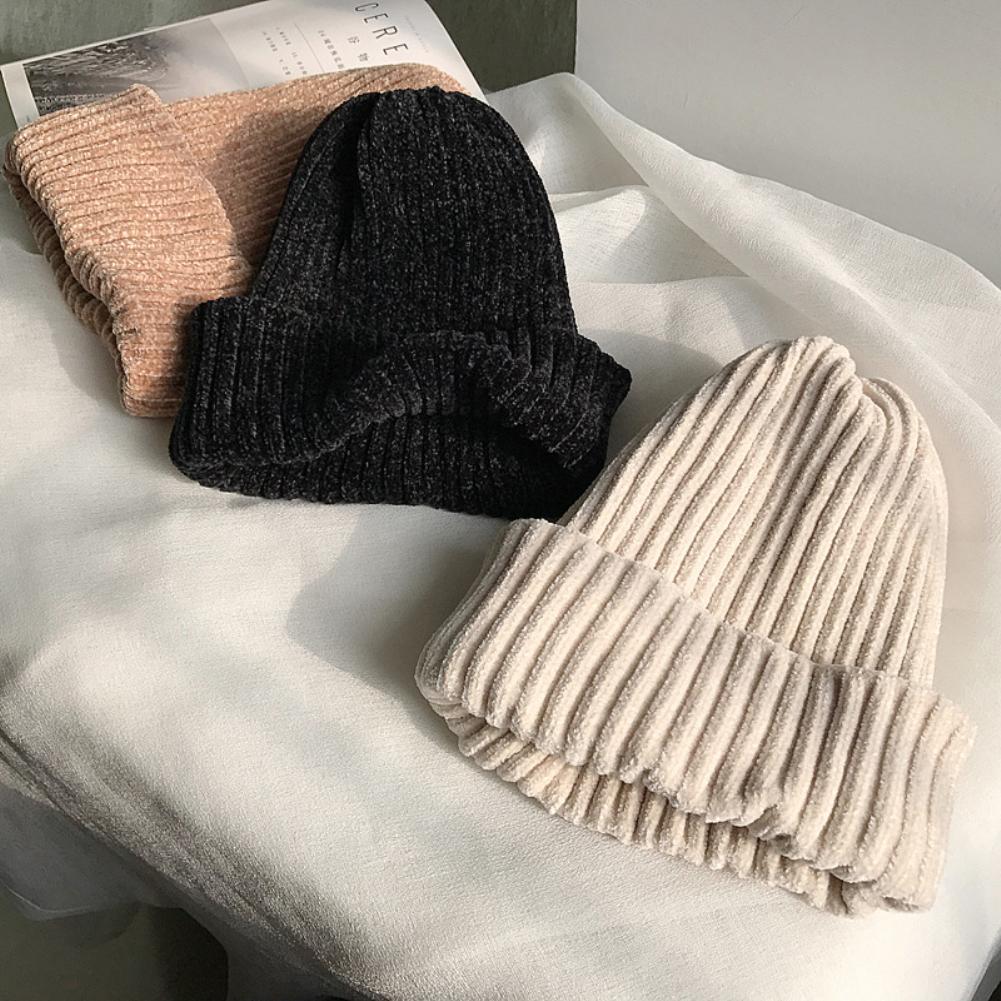 Cap No Edge Flanger Neutral Cap Thickened Solid Color Knitted Hat Men Women Coarse Corduroy Hat Stretchy Winter Hat