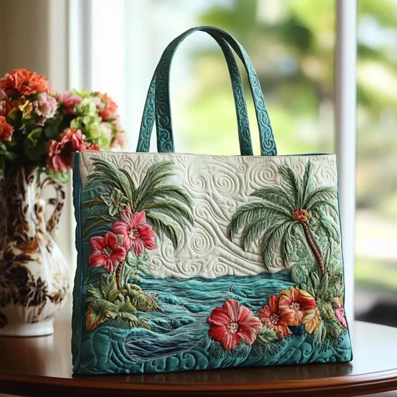 Floral Print Quilted Tote Bag - Shoulder Hand Carry Medium Size Street Style