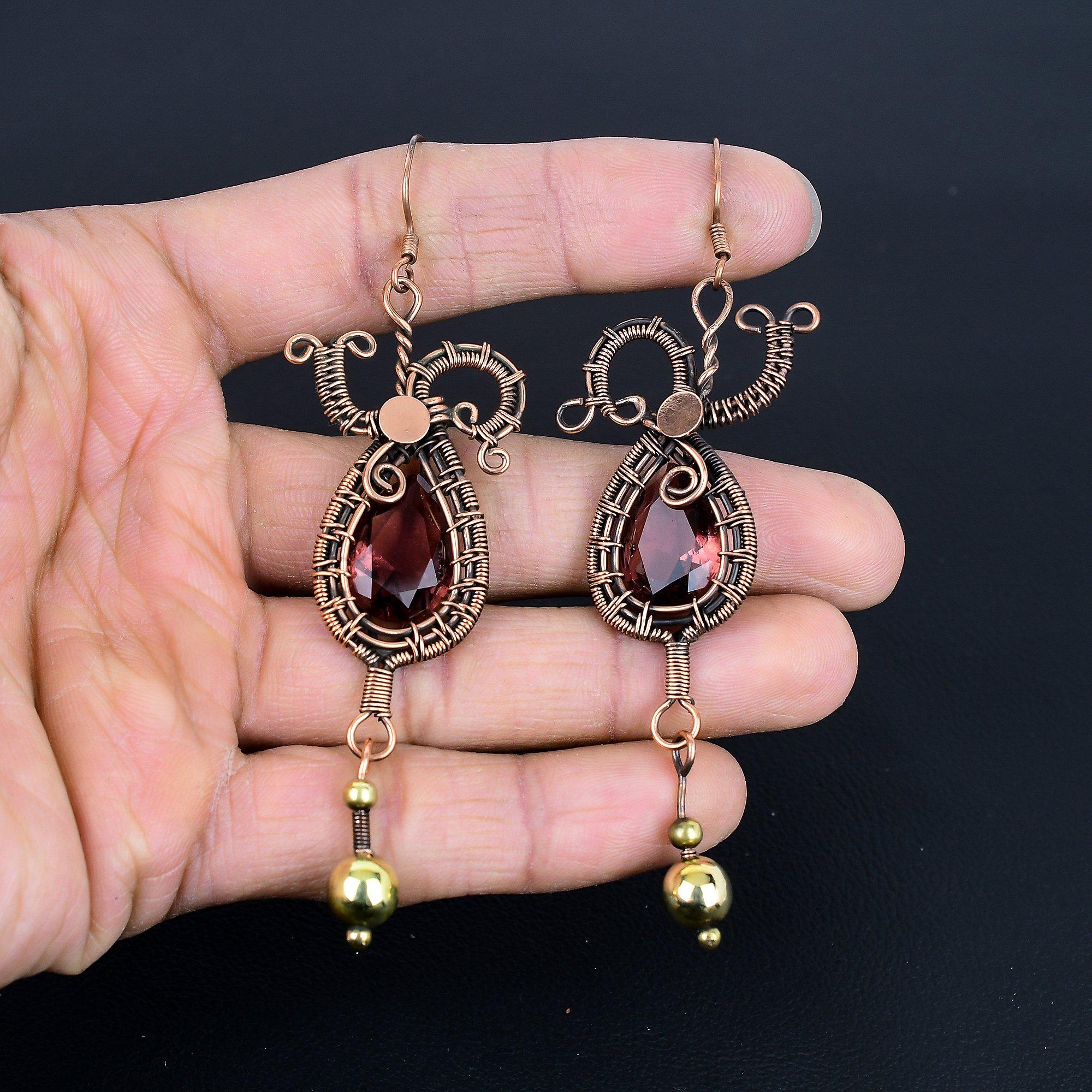 

Серьги с морганитом, Серьги ручной работы с драгоценными камнями, обернутые медной проволокой 999 пробы, Антикварные украшения, Для подарка на помолвку 3.77 Inches