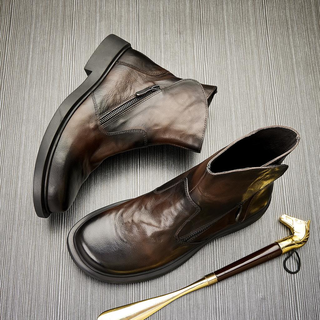 Vinterhjälp Läderstövlar Mode Rund Tå Verktygsstövlar Chelseastövlar Trendiga Casual Plattform Lokomotiv Martin Stövlar Herr