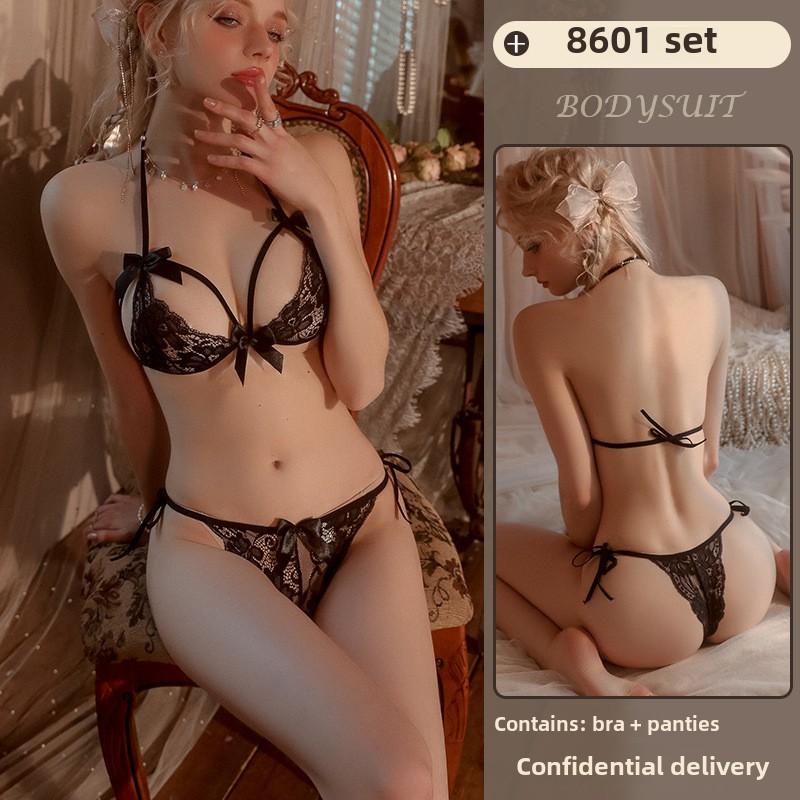 Sex Underwear Sexy Lace Temptation Three-point Bra Underwear Women's Transparent Pajamas Set