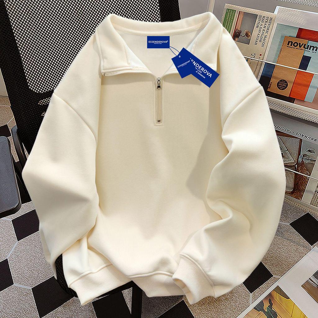 Women's American Retro Cotton Half-Zip Polo Hoodie with Velvet - Autumn/Winter Fashion Trend