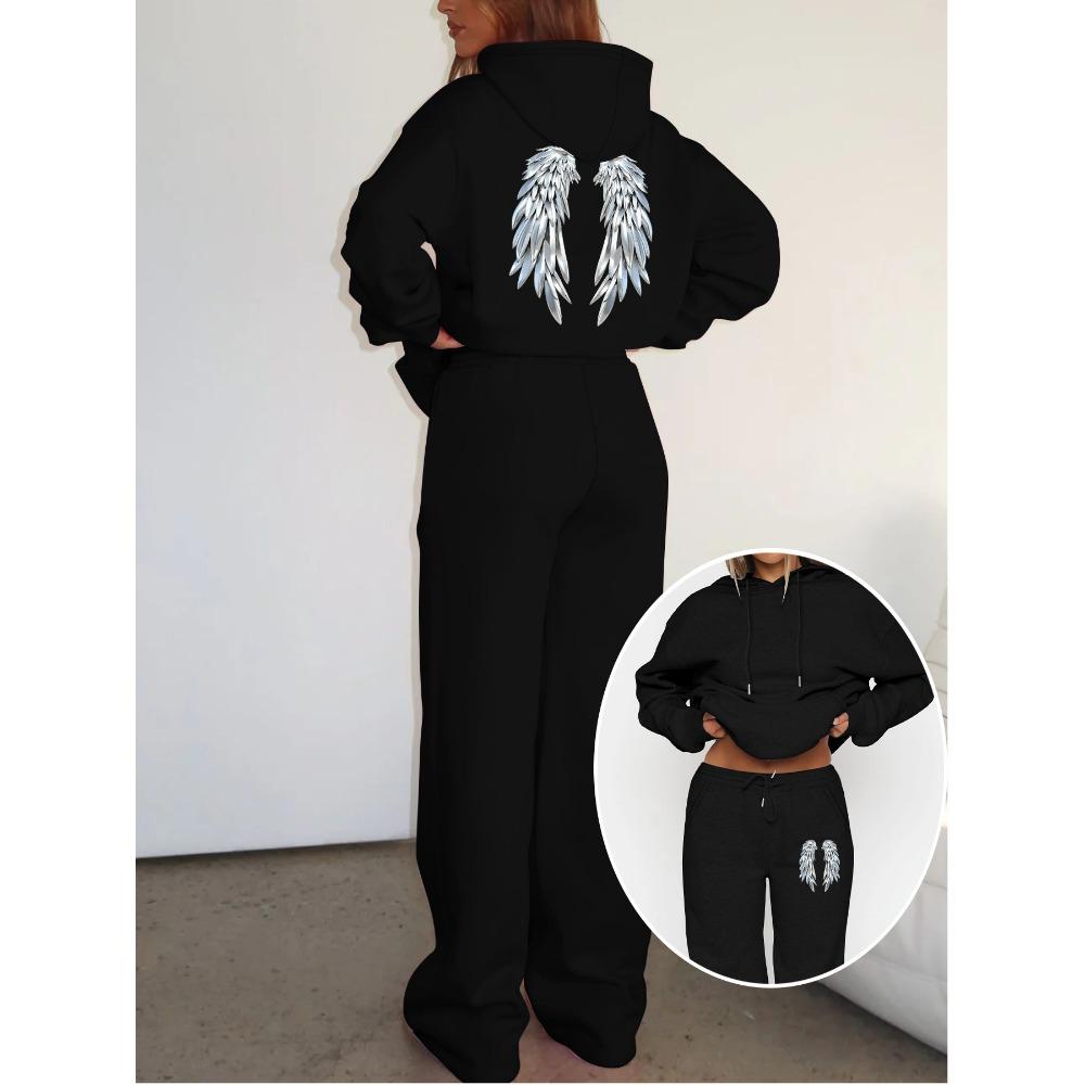 Casual Women's Suit with Interesting Printed Patterns, Fashionable Hooded Sweatshirt and Wide Leg Pants Set