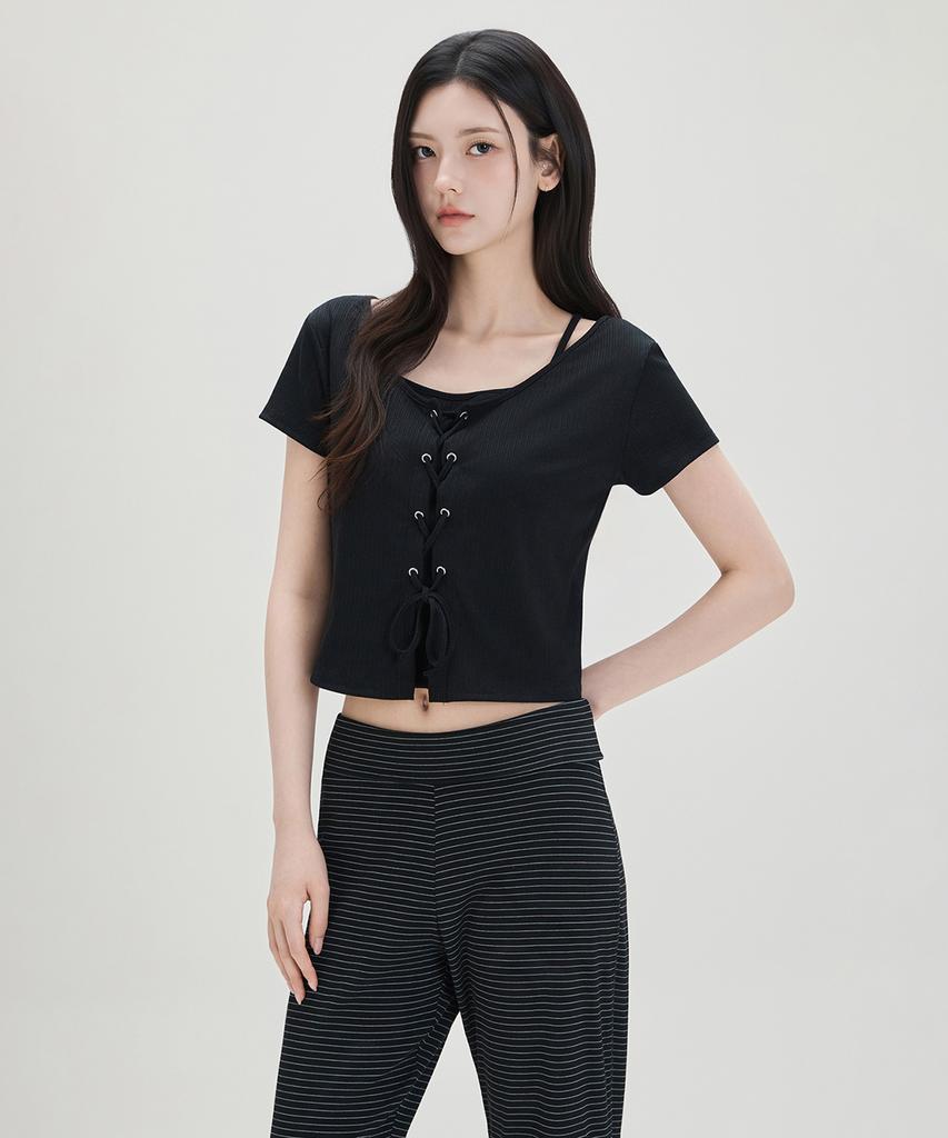 MIXXO Lace-Up Layered Short Sleeve T-Shirt Re Lwg414A_Miwhwg50Ra